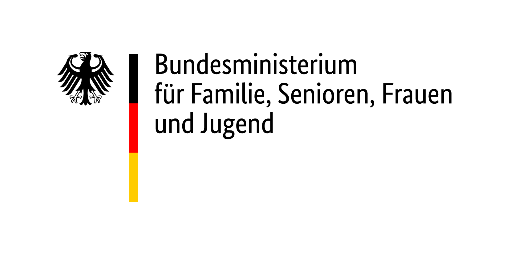 Logo Bundesministerium für Familie, Senioren, Frauen und Jugend, schwarzer Bundesadler, schmale Deutschlandflagge