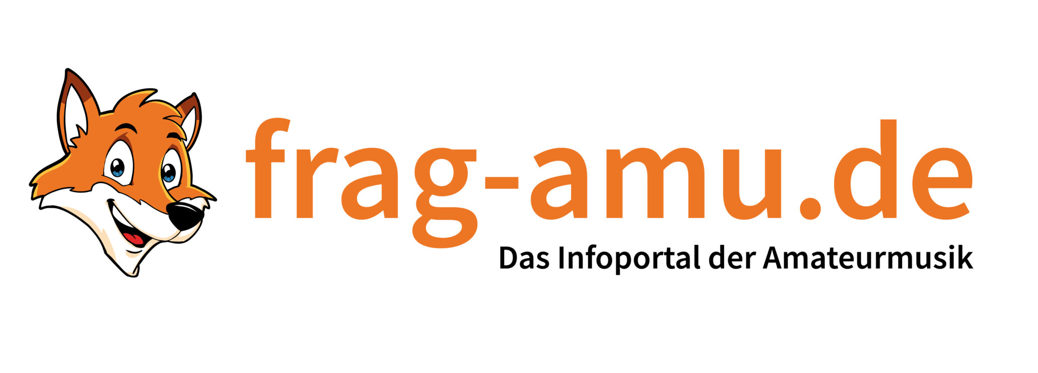 Logo der Website frag-amu.de, Kopf eines Fuchses, Schrift in orange und schwarz