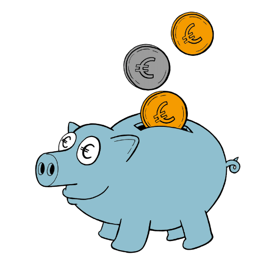 gezeichnetes blaues Sparschwein, in das drei Eurostücke reinfliegen.