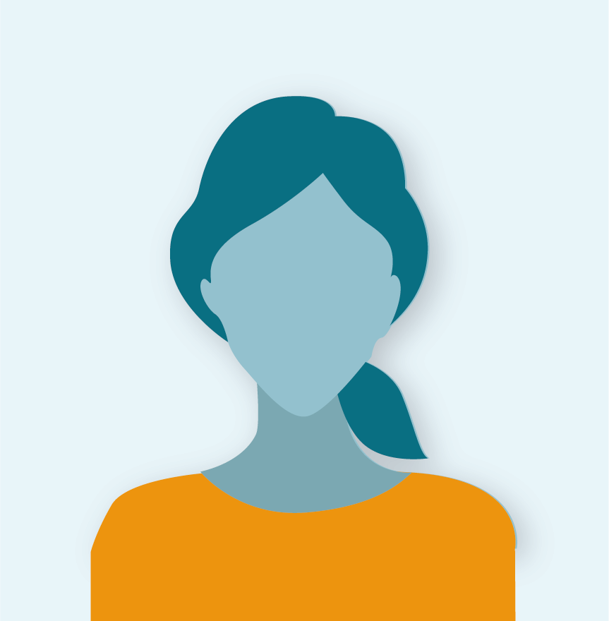 Grafik in petrol und orange mit einer Persona mit längeren Haaren.