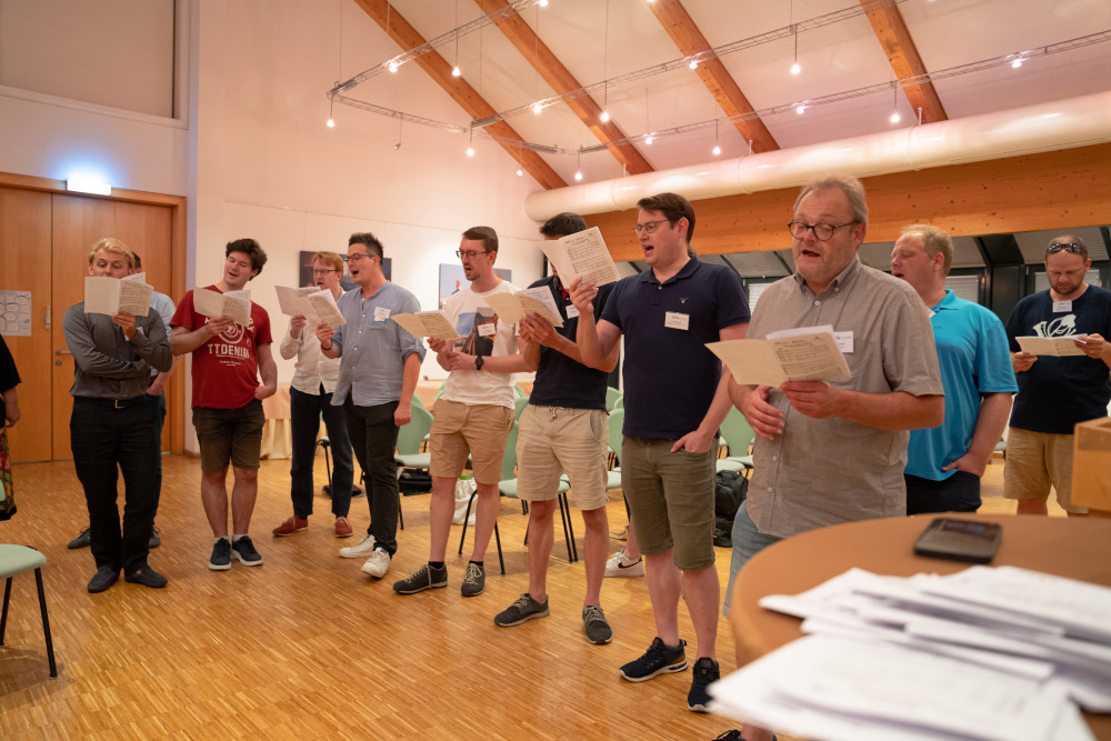 Etwa sieben Personen die mit Notenblättern in einer Reihe stehen und singen.