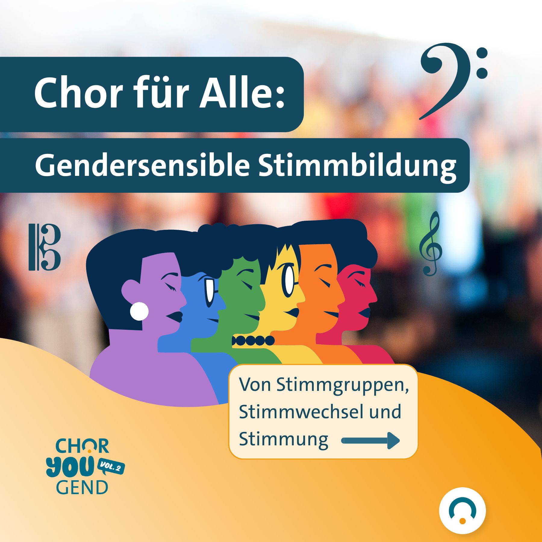 Zwischen den Texten: Die Illustration von sechs Personen im Portraits in einer Reihe, jede Person in einer Farbe des Regenbogens.