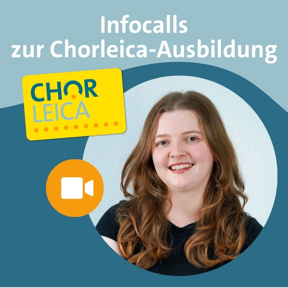 Grafik mit gelbem Chorleica-Logo und Portraitfoto einer Person mit langen roten Haaren